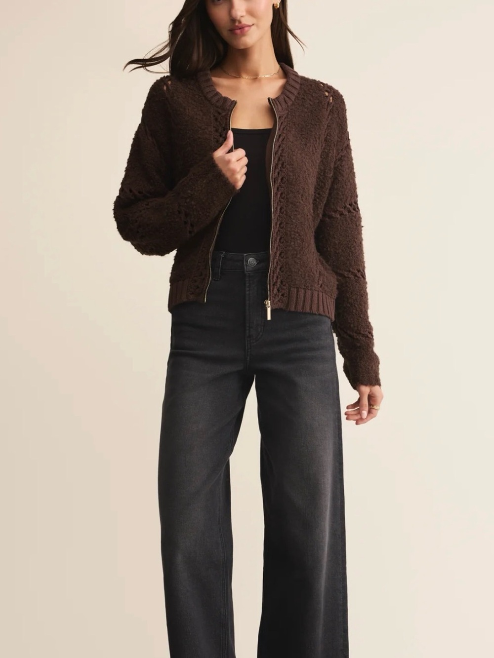 Z Supply Sundance Chocolate Brown Sweater Zip Jacket